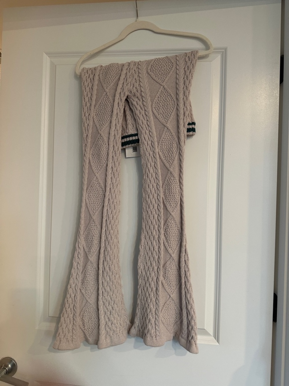 Cable Knit Flare Pants in Light Beige with dark green striped band